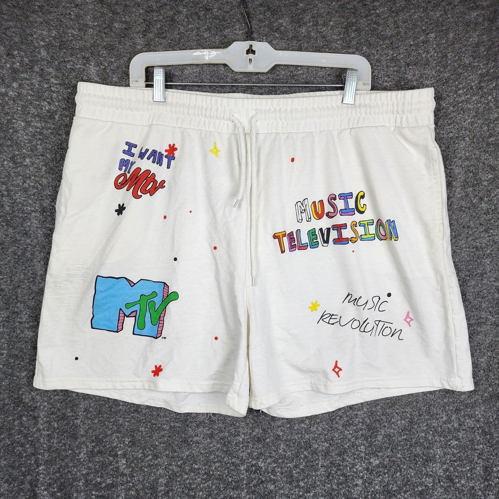 MTV Sweat Shorts Unisex 2XL White Graphic Retro 90s Music Television Pockets